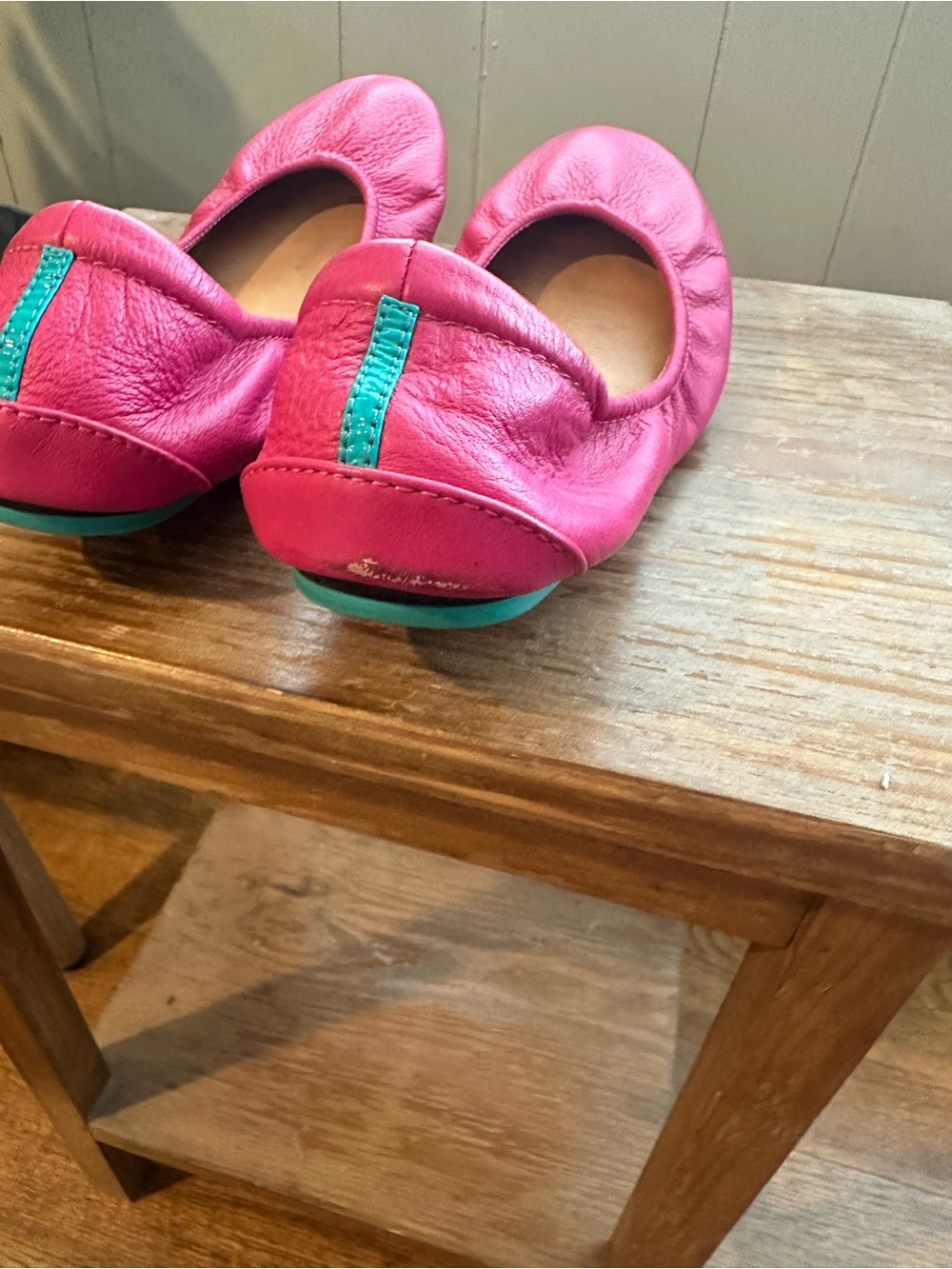 Tieks Fuchsia Leather Ballet Flats with Teal Heel Tab - Picture 4 of 5